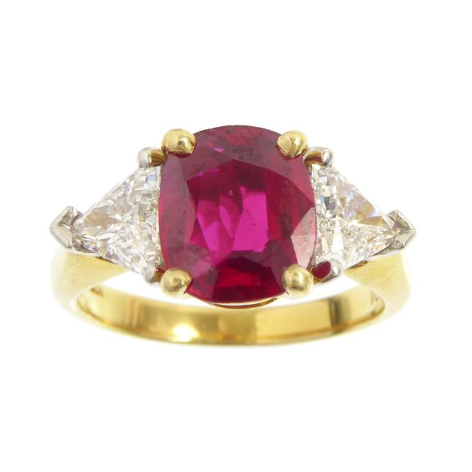 Cushion cut ruby and diamond three stone ring | MasterArt